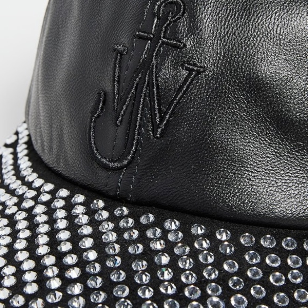 JW ANDERSON Black Leather Cap with Crystal Brim - Picture 2 of 5